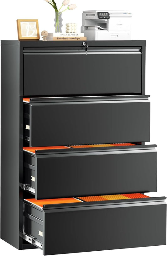 INTERGREAT 4 Drawer File Cabinet, Black Lateral File Cabinets with Lock, Metal Steel Wide Filing Cabinets for Home Office, Fast Assembly