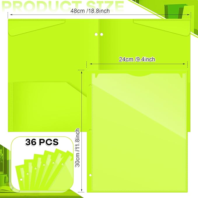 Henoyso 36 Pcs 2 Pocket Plastic Folders with Clear Front Pocket 3 Hole Punched File Folder Letter Size Take Home Documents Holder for Paper Holder Office Business Back to School Supply (Shiny Green)