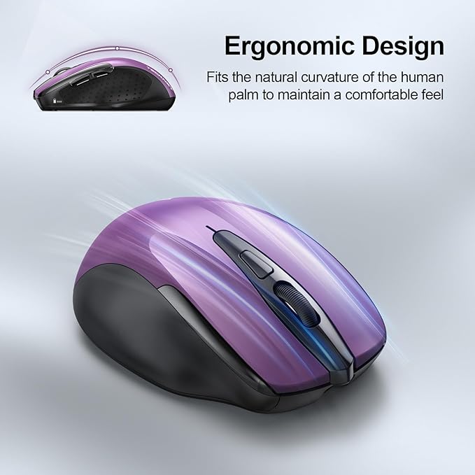 TECKNET Wireless Mouse (BT5.0/3.0 & 2.4G) Rechargeable 4800 DPI Silent USB A & Bluetooth Mouse 6 Buttons, Wide Compatibility - Purple