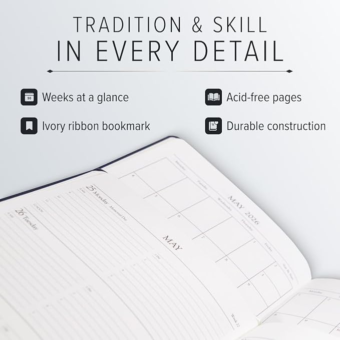 Gallery Leather Desk Hourly Weekly Monthly Planner 2025-2026, Elegantly Bound Calendar Planner and Notebook with Stylish Gold-Gilded Page Edges, 12 Months - Acadia Lime - 8 x 5.5 "