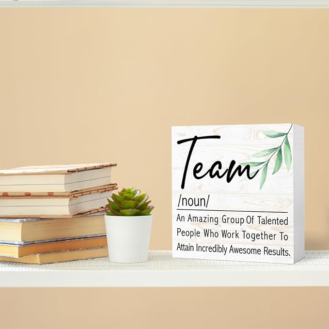 Team Definition Sign Wood Box,Cute Teamwork Signs Wooden Block for for Home Office Tabletop Shelf Decor 5" x 5",Motivational Teamwork Desk Decor Accessories for Women