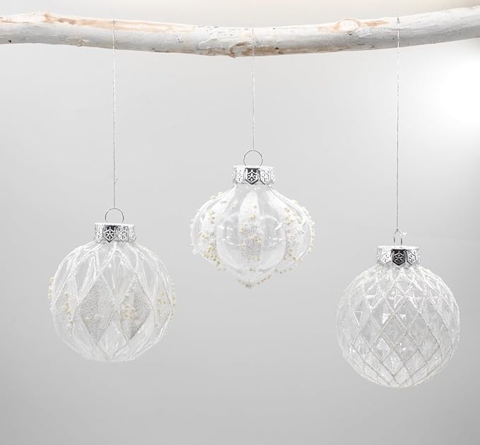 12 PCS Clear and White Christmas Ball Ornaments, 80mm/3.15 Inches Rustic Farmhouse Christmas Decorations, Large Shatterproof Luxury Hand-Painted Xmas Ornaments for Christmas Tree, Wedding