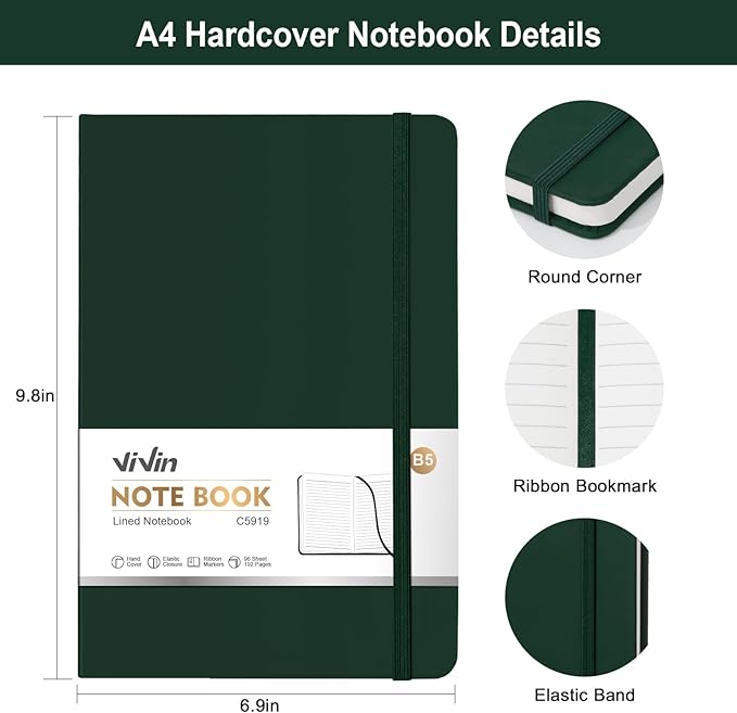 Vivin B5 College Ruled Notebook for Work,6.9"x9.8" Leather Hardcover Journal,192 Pages Professional Lined Notebook for Office & Business