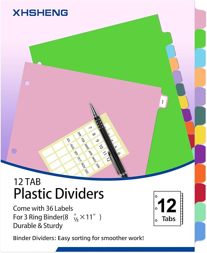 Binder Dividers with Tabs,Monthly Dividers for 3 Ring Binder,12 TABS,Customizable Table of Contents,Multicolor,1 Sets