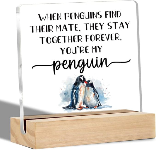I Love You Gifts for Her Him Cute Penguin Gifts for Girlfriends Boyfriends Anniversary Sign Desk Decorative Signs Plaques 4 x 4 Inches acrylic