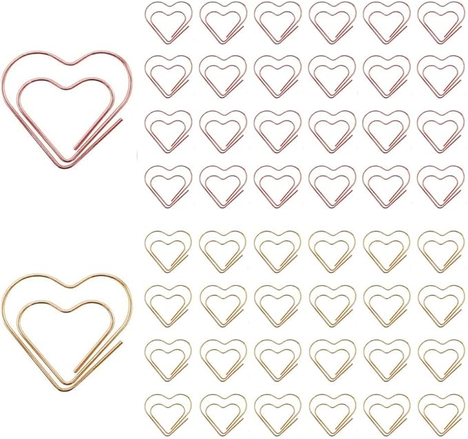 OWLFAVO 50pcs Heart Shape Paper Clips with Clear Box, Rose Gold and Yellow Gold, Funny Cute Paperclips Bookmarks Planner Clips for Fun Office Supplies School Gifts Wedding Decoration