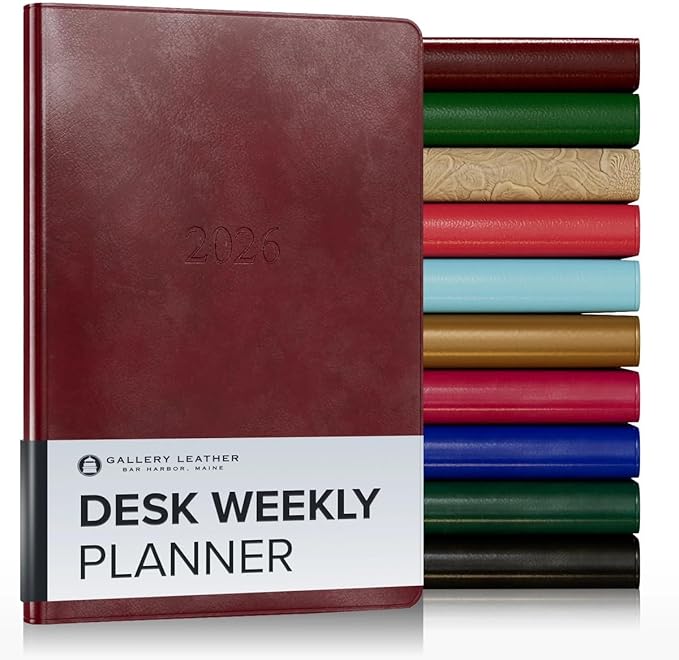 Gallery Leather Desk Weekly Monthly Planner 2025-2026, Elegantly Bound Calendar Planner and Notebook with Stylish Gold-Gilded Page Edges, 12 Months - Acadia Deep Red - 8 x 5.5 "