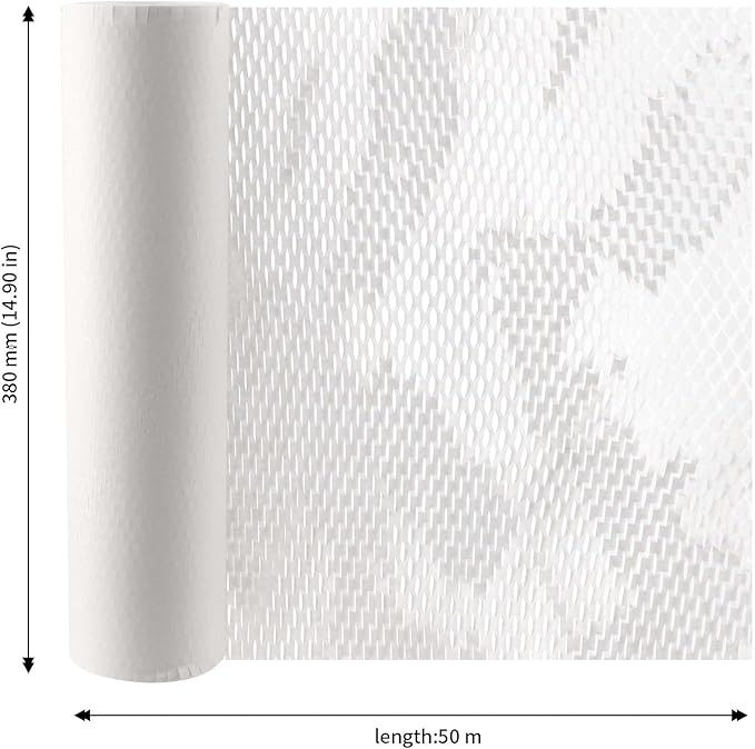 JAPCHET 15 In x 164 Ft White Honeycomb Packing Paper, Honeycomb Paper with Sticker Labels and 10 m Rope Honeycomb Wrap Roll for Packaging and Shipping