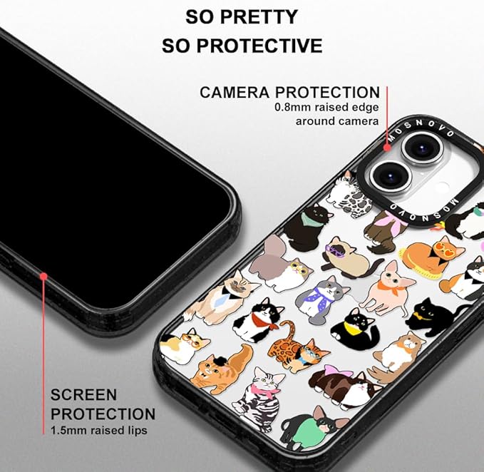 MOSNOVO Case for iPhone 16, [10ft 4X Military-Grade Drop Protection] Durable & Shockproof Phone Case Cover Design for iPhone 16 - Cute Cats - Clear Black