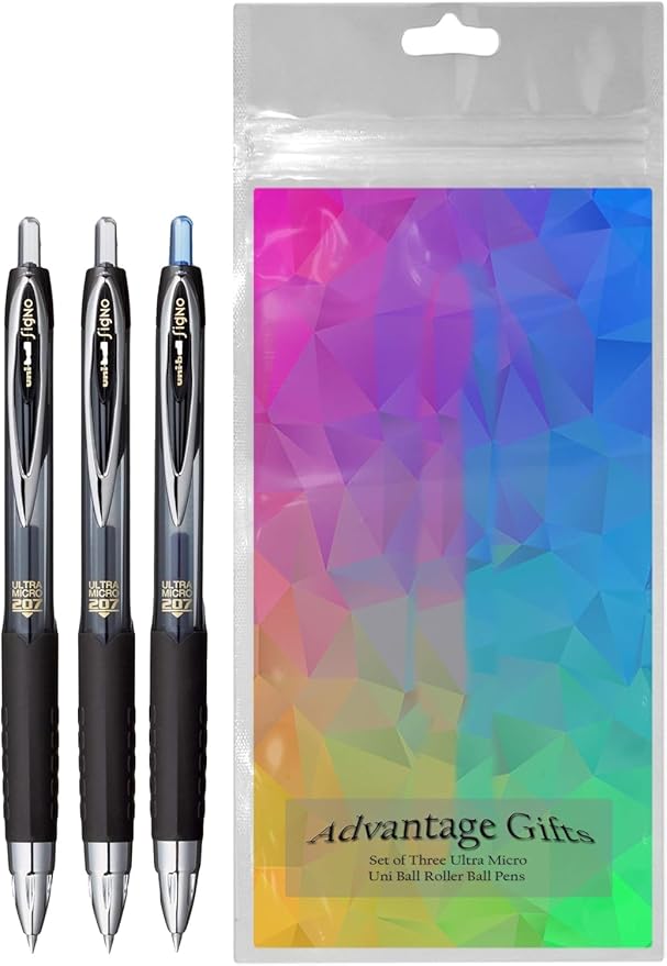 Signo 207 Roller Ball Retractable Gel Pens, Ultra Micro Point (0.38mm), Assorted colors Black And Blue Ink, 3 Count, Bundle with Plastic Reusable Pouch