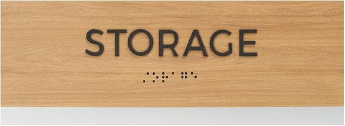 Storage Sign With Braille/Small Business Easy Adhesive Mount Door And Wall Sign / 3" x 9" Oak Woodgrain Design