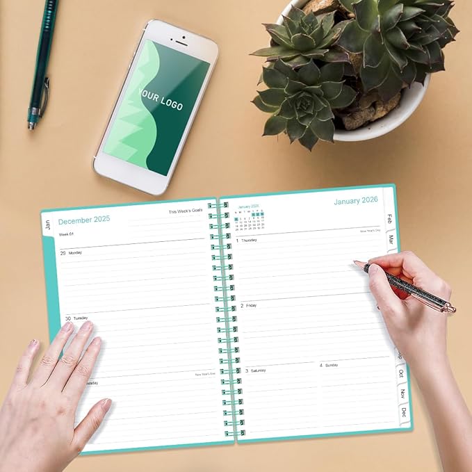 2026 Planner - A5 Weekly & Monthly Planner Spiral Bound, January 2026 - December 2026, with Flexible Cover, Tabs, Inner Pocket, 6.4" x 8.5", Teal