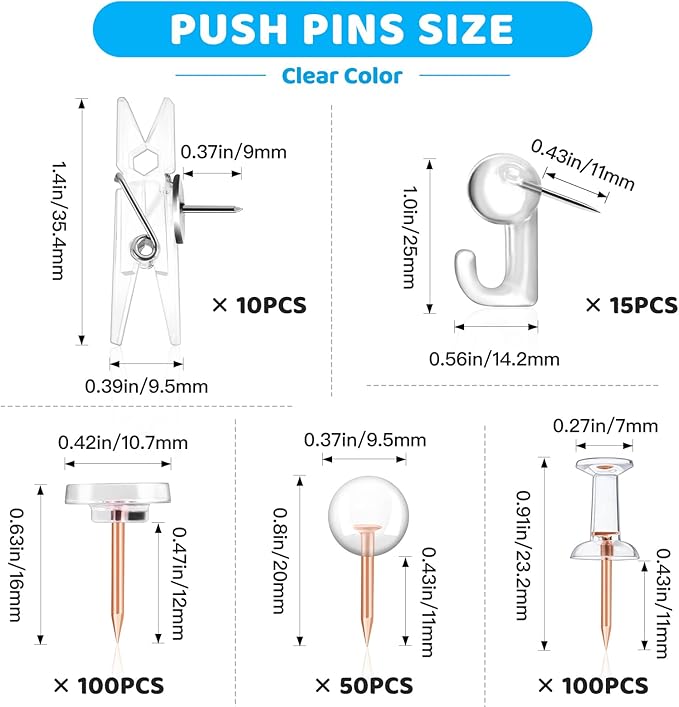275pcs Clear Push Pins,5 Types Clear Thumb Tacks, Plastic Head Thumbtacks, Tacks, TACS, Push Pins for Bulletin Board, Wall, Cork Board, Shadow Box Accessories