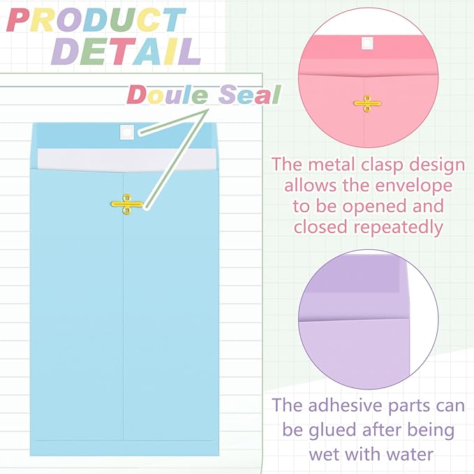 Geyee 100 Pcs Clasp Manilla Envelopes 6 x 9 Inch Gummed Colored Envelopes for Storing or Mailing for Home Office Business Supplies(Colorful)