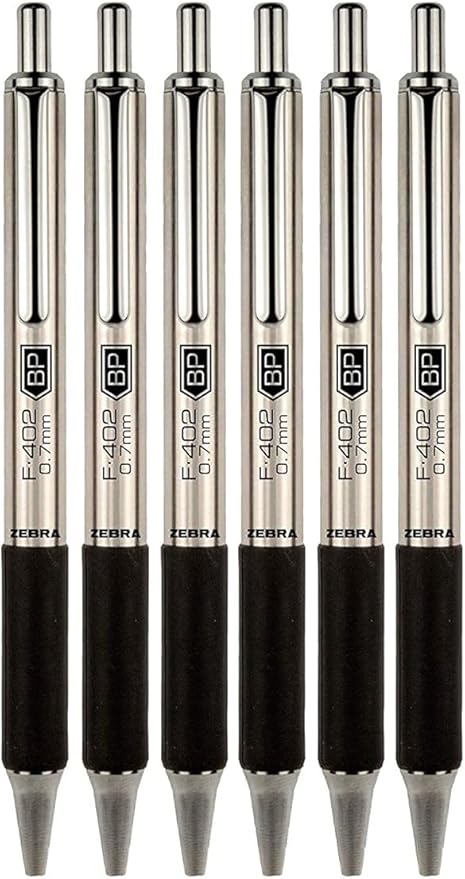 Zebra F-402 Ballpoint Stainless Steel Retractable Pen, Fine Point, 0.7mm, Black Ink, 6-Count Bundle with Plastic Reusable Pouch
