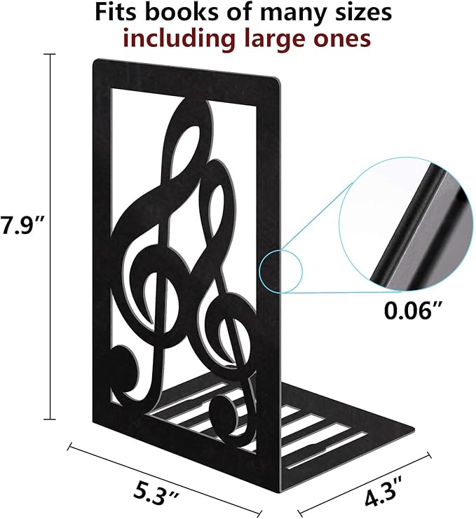 Book Ends,Metal Bookend,Bookend Decorative Heavy Book Ends for Shelves, Home Decorative Bookends for Heavy Books,Non-Skid Musical Note Bookshelf Holder