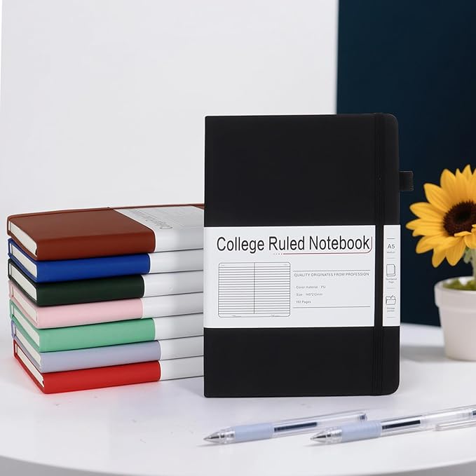 A5 Lined Journal Notebooks for Work, 192 Pages, Medium 5.7 x 8.3inch, College Ruled, Vegan Leather Hardcover Journals for Women Men,8 Pack