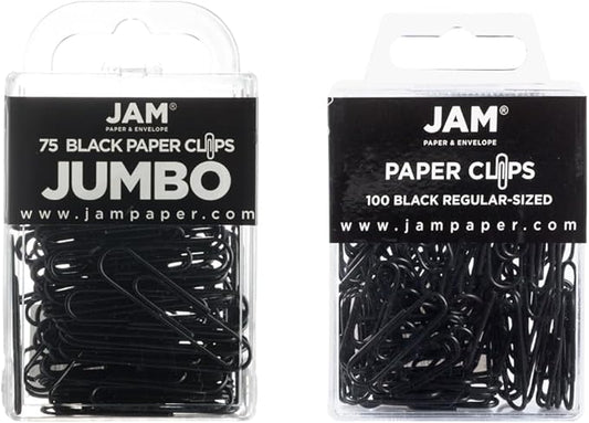 JAM PAPER Combo Pack Colorful Paper Clips - Standard & Jumbo - Black Paperclips - 1 Pack of 100 & 1 Pack of 75