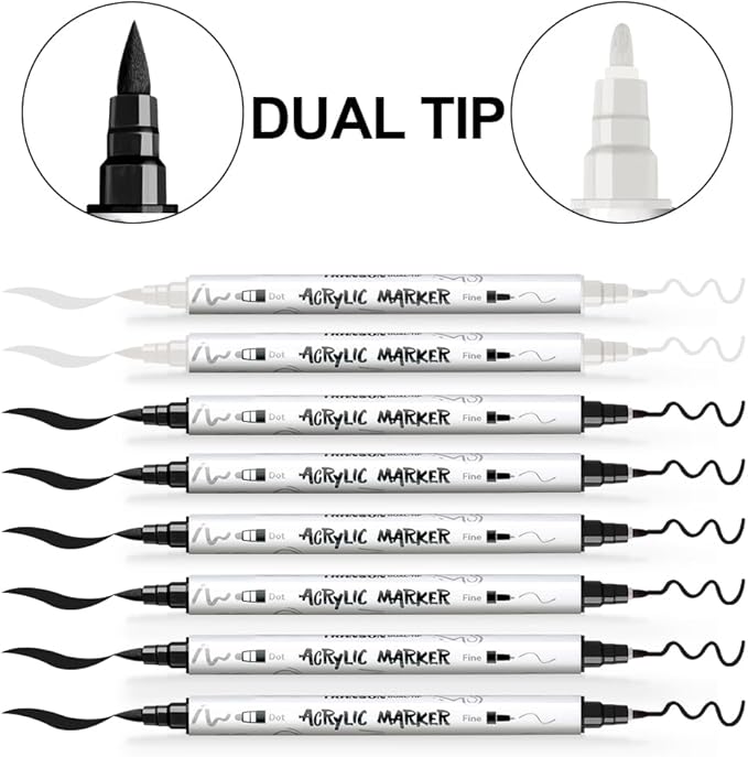 TRANSON 6 Black and 2 White Paint Markers Brush and Fine Dual-tip Acrylic Paint Marker for Rock Glass Canvas Wood Leather Ceramic DIY Painting