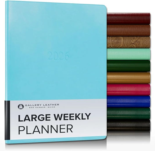 Gallery Leather Large Weekly Monthly Planner 2025-2026, Elegantly Bound Calendar Planner and Notebook with Stylish Gold-Gilded Page Edges, 12 Months - Acadia Pool - 9.75 x 7.5 "