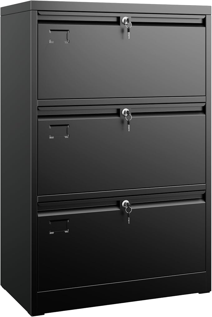 Aobabo 3 Drawer Wide Lateral File Cabinet, Metal Filing Cabinet with Lock, Suitable for Home Office School Hanging Files Letter/Legal/F4/A4 Size,Black,Required-Assembly,15.87" D x 28.94" W x 43.62" H