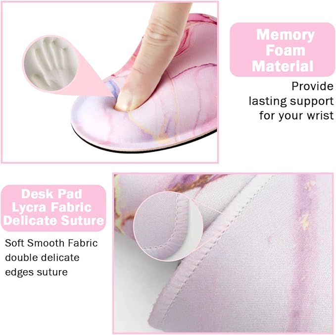 Large Mouse Pad and Keyboard Wrist Rest, Desk Pad for Keyboard and Mouse, 4-in-1 Large Gaming Mouse Pad with Wrist Support, Non-Slip Desk Mat for Home Office Study Game-Pink Marble