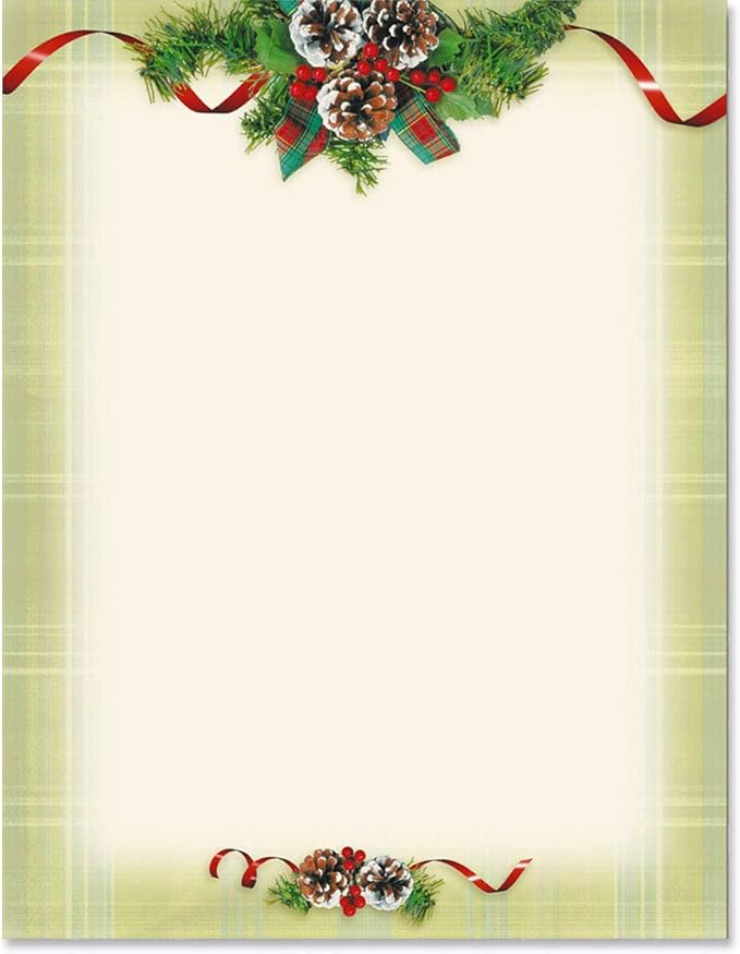 PaperDirect Natural Plaid Holiday Charm Border Paper, 8.5x11 Festive Stationery with Pine Boughs, Ribbons & Plaid Design for Cards, Invites, Scrapbooks & Seasonal Projects, 100 Sheets