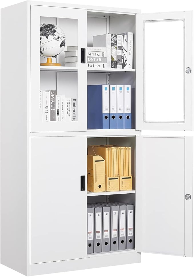 STANI Metal Storage Cabinet, Locking Steel Cabinet with Shelves, Tall Metal Utility 2 Doors, Lockable Steel Cabinets for Home Office (4 Doors, White)