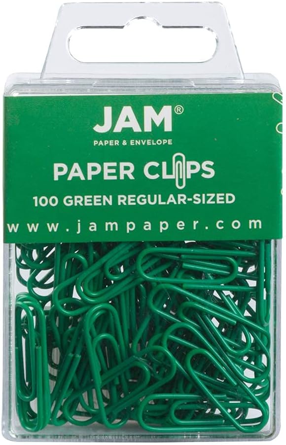 JAM PAPER Colorful Standard Paper Clips - Regular 1 Inch - Green Paperclips - 100/Pack