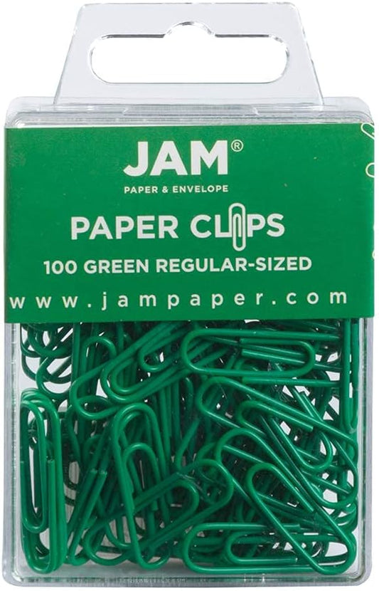 JAM PAPER Colorful Standard Paper Clips - Regular 1 Inch - Green Paperclips - 100/Pack