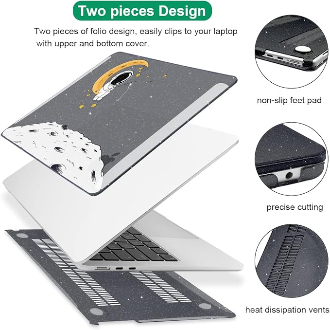 for MacBook Air 13.6 inch Case 2025 2024 2023 2022 Release M4 A3240 M3 A3113 M2 A2681, Glitter Black Printed Plastic Hard Shell Case Cover for Mac Air 13.6 M4 Chip Touch ID, Astronaut Moon