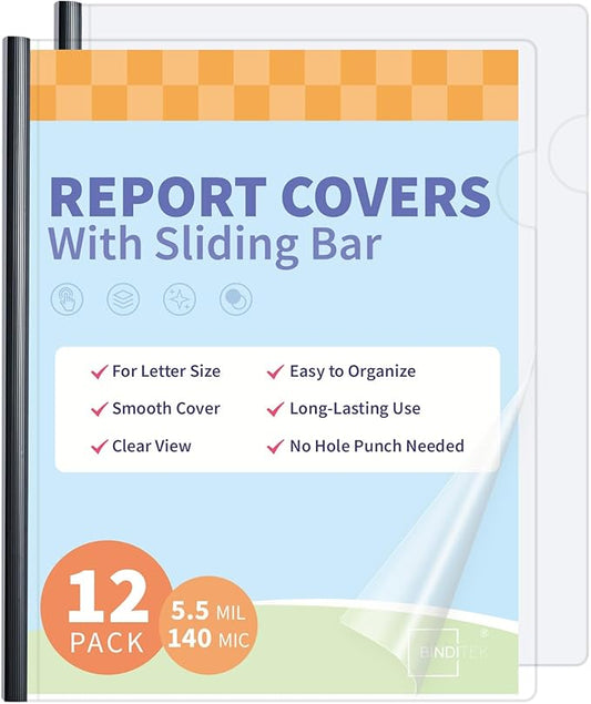 Binditek 12 Pack Clear Report Covers with Sliding Bars, 25 Sheet Capacity, 5mm Binding Bars, Letter Size, 5.5 Mil Thick, Black, for Students and Coworkers