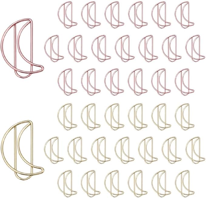 OWLFAVO 40pcs Moon Shape Paper Clips with Clear Box, Rose Gold and Yellow Gold, Funny Cute Paperclips Bookmarks Planner Clips for Fun Office Supplies School Gifts Wedding Decoration