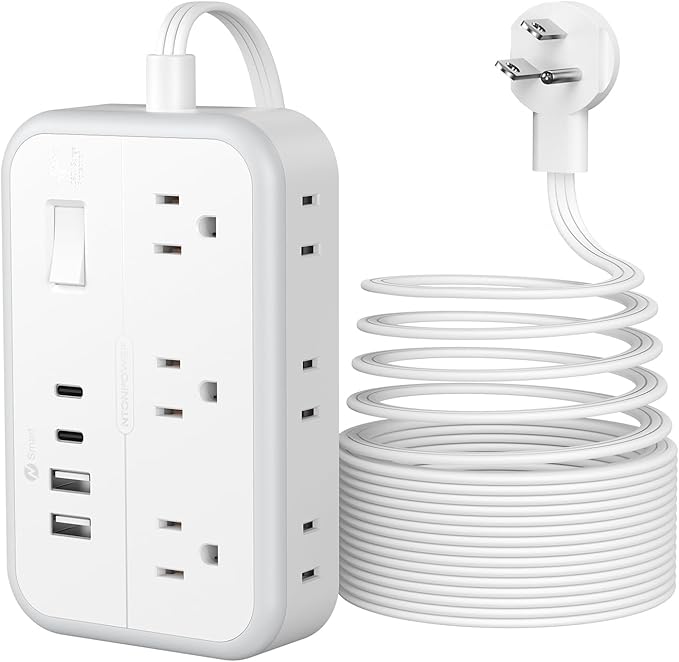 Flat Plug Extension Cord 25 ft, Surge Protector Power Strip, Outlet Extender with 6 Outlets 4 USB Ports, Overload Protection, Long Extension Cord with Multiple Outlets for Indoor, Home, Office, White