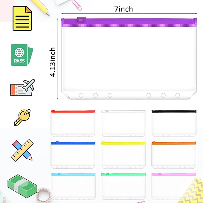 40 Pieces 6 Ring Binder Zipper Pouch, 6 Hole Binder Pockets with Zipper Bulk Folders A6 Plastic Pouch Colorful Loose Leaf Bags Waterproof PVC Document Filing Bag