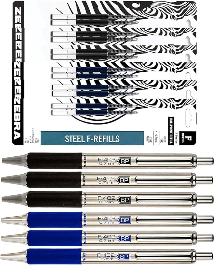 Zebra F-402 Ballpoint Stainless Steel Retractable Pens With Refills, Fine Point, 0.7mm, Black/Blue Ink, 12-Count Bundle with Plastic Reusable Pouch