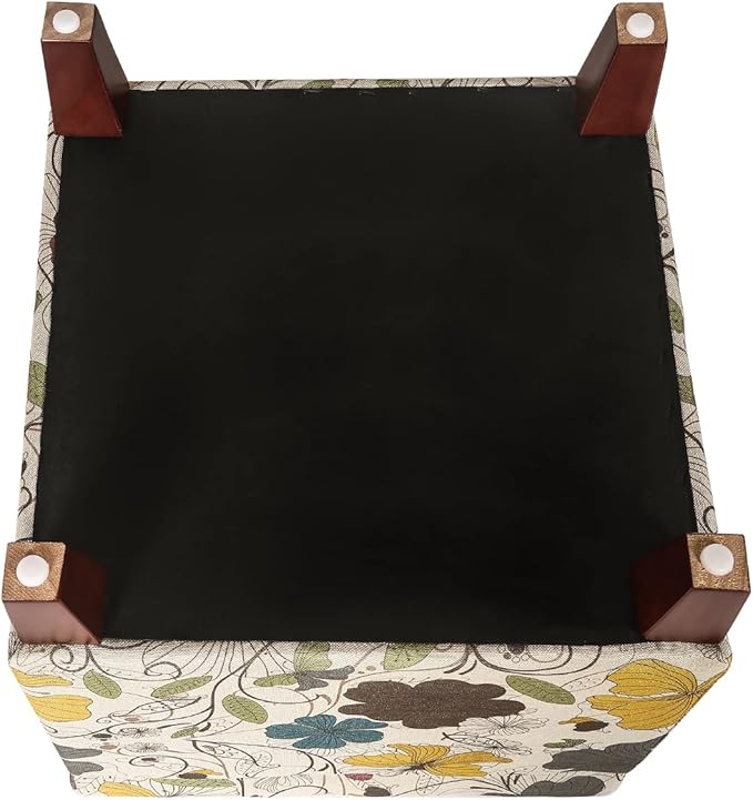 Adeco 18 Inch High Cube Ottoman Storage, Floral Printed Linen Chair Foot Stools, Upholstered Vanity Stool with Hinged Lid, Solid Wood Legs