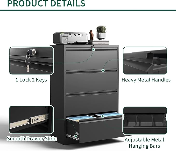 Lateral File Cabinet with 4 Drawer, Metal File Cabinets for Home Office with Lock, Large Filing Storage Cabinet Printer Stand, Steel Wide File Cabinet for Legal/A4/F4/Letter Size Files-Black