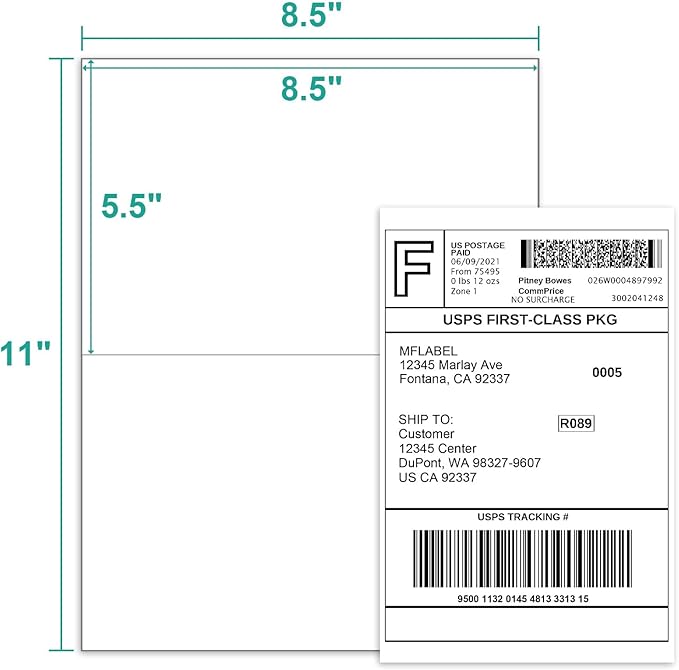 MFLABEL Half Sheet Label Laser/Ink Jet USPS UPS FedEx Shipping Label 8.5 x 11 Inches Packaging Labels, Address Labels for Laser & Inkjet Printers, 15000 Count(7500 Sheets)