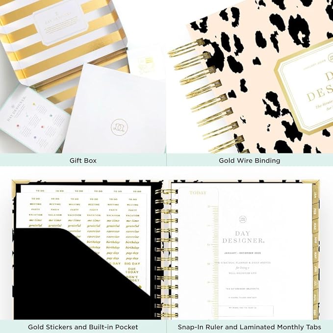 Day Designer 2026 Weekly Planner – Premium Planner for Stylish Organization. Combines Weekly & Monthly Calendars, Daily Schedule, Notes Pages, Goal Setting, Stickers, Pocket & More. Elegant Laminated Cover with Gold Accents (Painted Leopard Design - 2026)