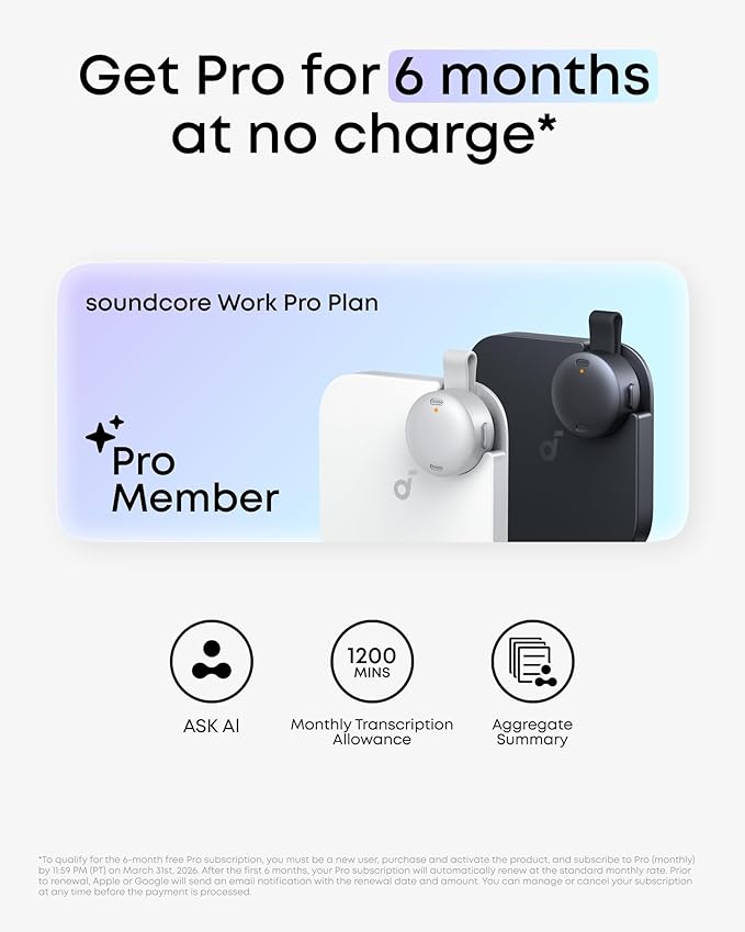 soundcore Work by Anker Portable AI Voice Recorder, AI Transcription & Summarization, 6-Month Pro at No Charge, Cross-Meeting Summary, Double-Tap to Mark, MFi Certified, Privacy Protection(Black)