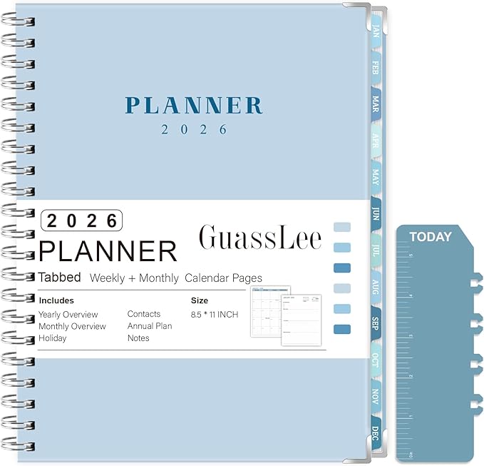 GuassLee Large 2026 Planner, Weekly and Monthly Planner from January 2026-December 2026, 8.5"x 11" Calendar Agenda Book with Back Pocket, Stickers for Home Office School Supplies, A4 Size, Sky Blue