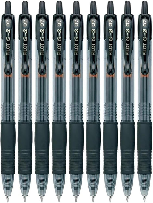 G2 Retractable Premium Gel Ink Roller Ball Pens Fine Point Fine Point (.7mm) Black Ink 9-pk; Refillable & Premium Comfort Grip Bundle with Plastic Reusable Pouch