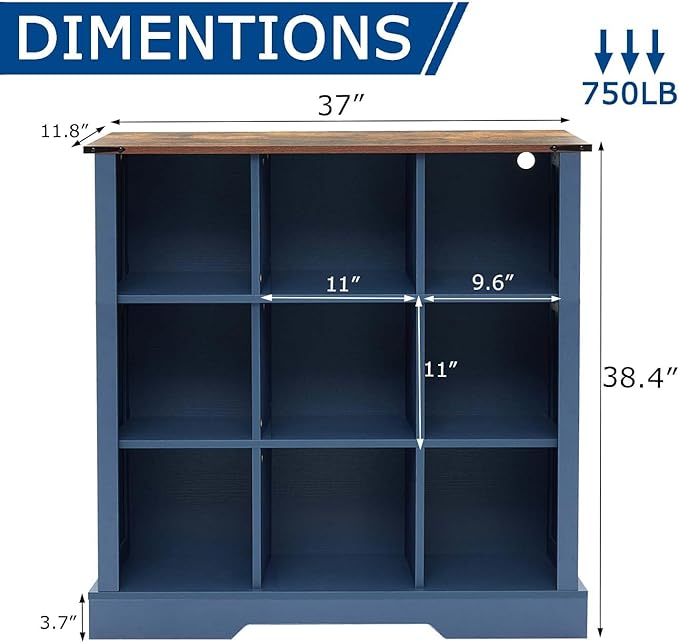 9 Cube Storage Organizer, 3 Tier Bookshelf for Living Room, Farmhouse Bookcase with Led, Kids Toy Storage Cabinet, Wall Cubby Shelves for Home Decor, Wood Display Cabinet for Bedroom, Blue