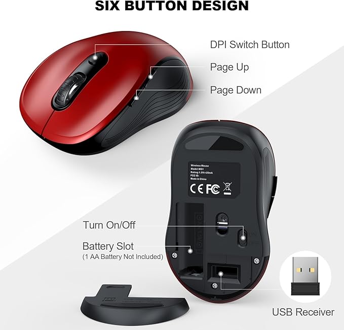WisFox 2.4G Wireless Mouse for Laptop, Ergonomic Computer Mouse with USB Receiver and Type-C Adapter, 6 Button Cordless Mouse Wireless Mice for Windows Mac PC Notebook (Red)
