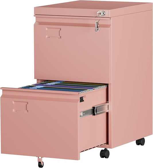 Aobabo 2 Drawer File Cabinet with Wheels, Lockable Metal Filing Cabinet with Business Card Slot for Legal/Letter Size for Home Office, Required Assembled,Pink