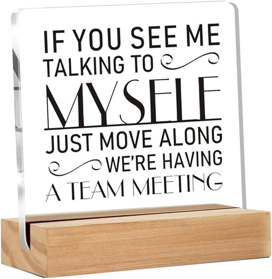 Funny Office Decor for Women, If You See Me Talking to Myself We're Having a Team Meeting Clear Desk Decorative Acrylic Sign With Wooden Stand for Desk Table Shelf