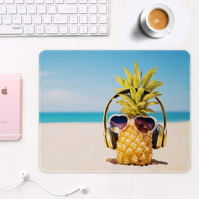 Auhoahsil Mouse Pad, 12 x 10 in Beach Theme Computer Mouse Pad for Desk, Premium-Textured Non-Slip Rubber Stitched Edges Waterproof Square Mouse Mat for Gaming Work Wireless Mice, Pineapple