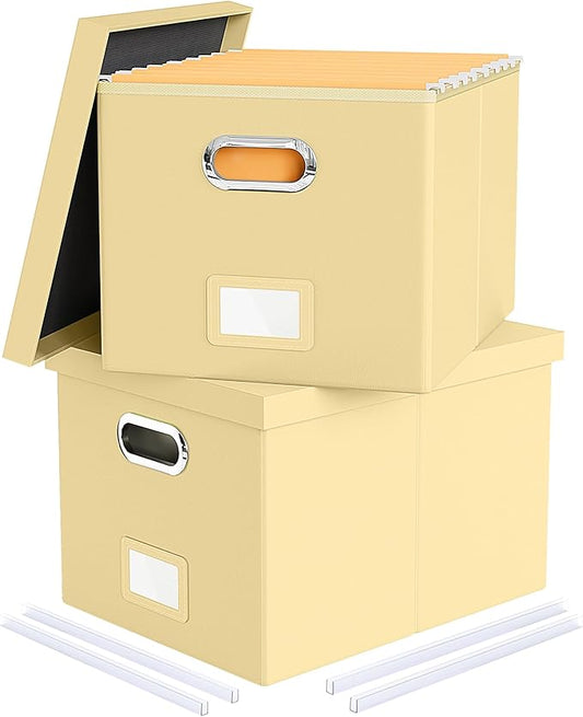 2 Pack File Storage Organizer Box, Portable Document Box with Lid,Fit for Letter/Legal File Folder Storage,Cream-yellow(Leather)