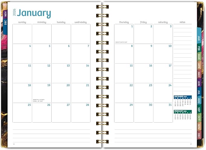 HARDCOVER 2026 Planner, 5.5"x8": 14 Months (November 2025 - December 2026), Daily Weekly Monthly Planner, Yearly Agenda, Bookmark, Pocket Folder and Sticky Note Set (Dark Gold Marble)